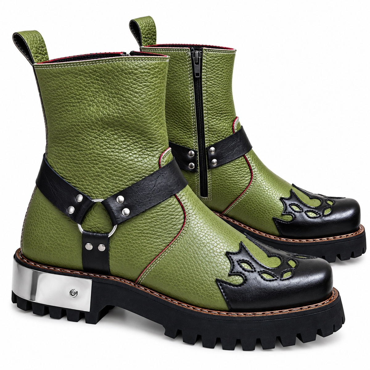 Olive Green & Black Studded Ankle Leather Zipper Boot