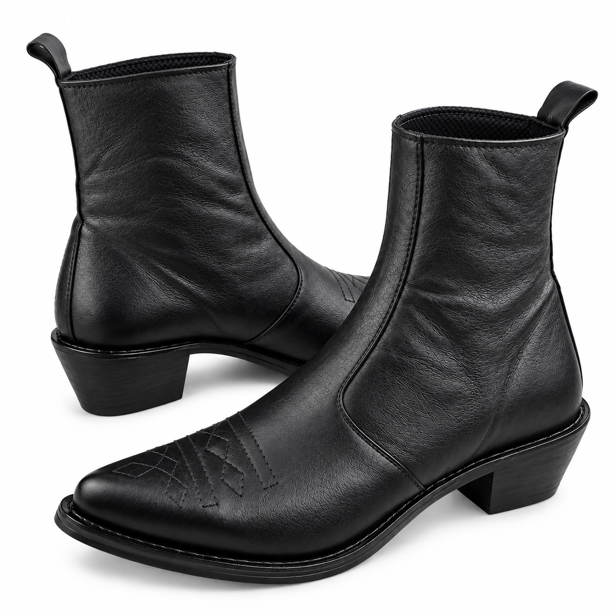 Black Heritage Stitch Ankle Leather Zipper Boot