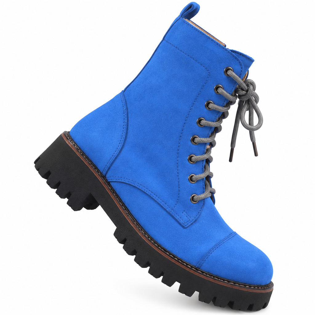 Royal Blue Suede Zipper And Lace-Up Combat Boots