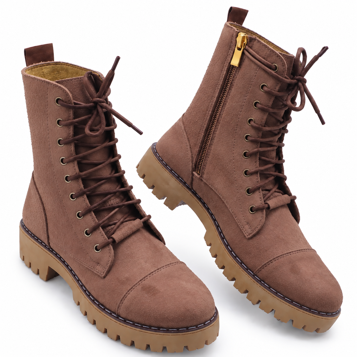 Mocha Brown Lace-Up And Zipper Combat Boots