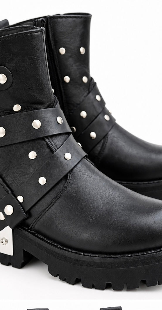 •Handmade Black Leather Boot with Buckle & Strap Ankle Boot•