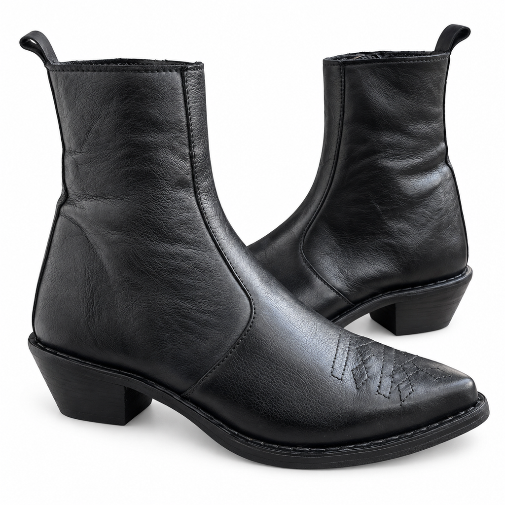 Black Heritage Stitch Ankle Leather Zipper Boot
