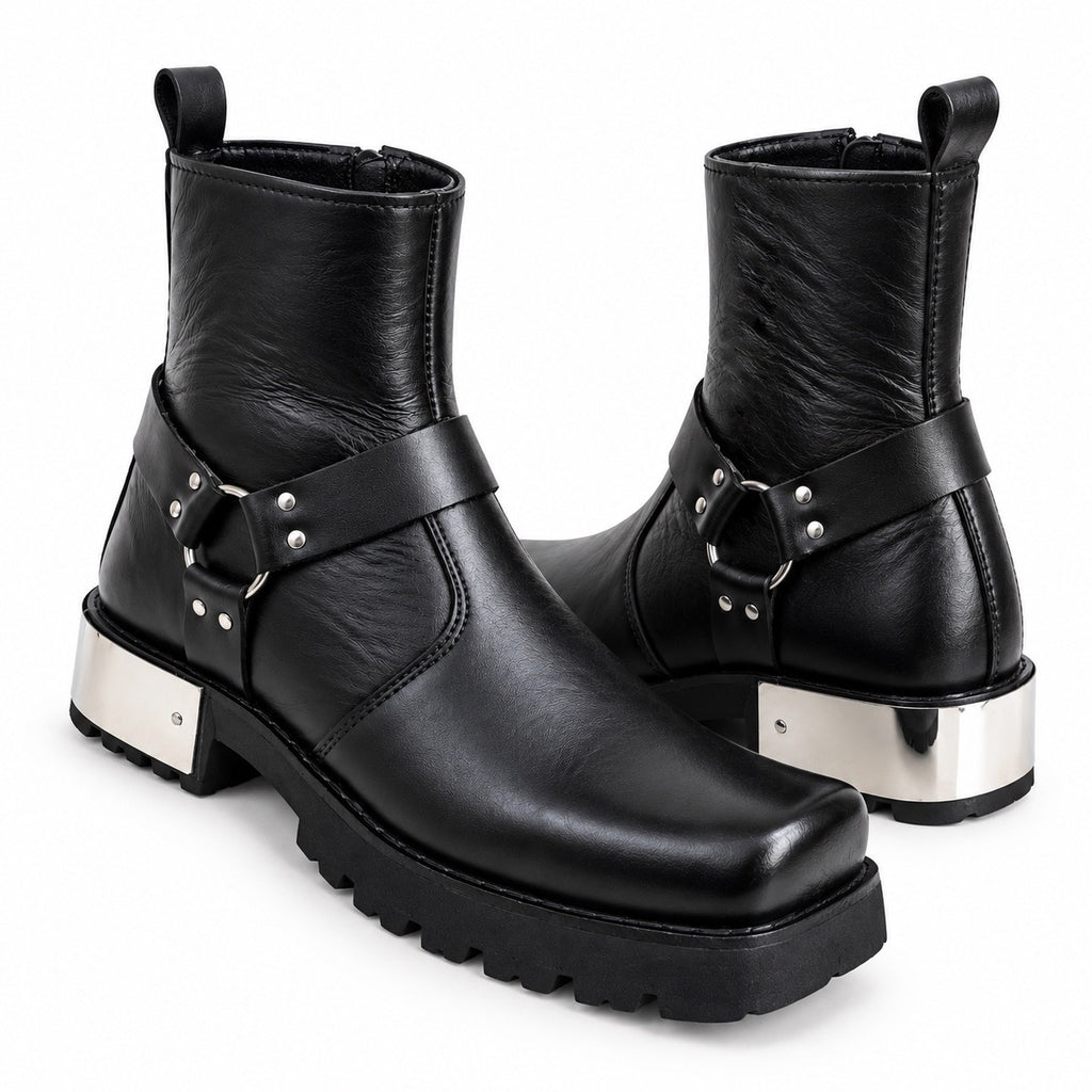 Black Urban Harness  Leather Zipper Boots
