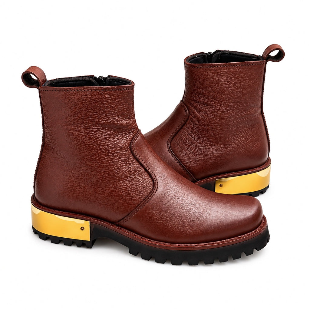 Rich Brown Leather Golden-Heel Ankle Zipper Boot
