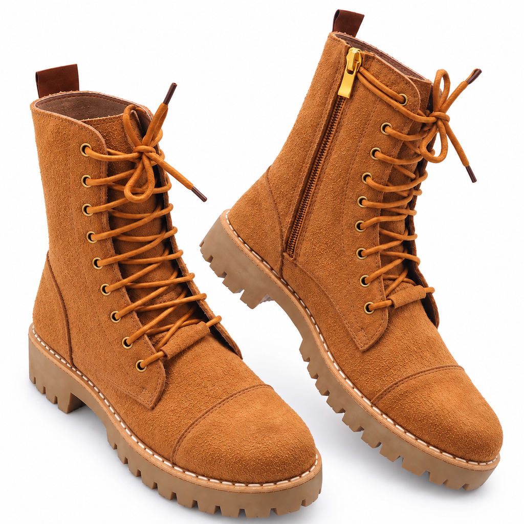 Camel Suede Lace-Up And Zipper Combat Boots