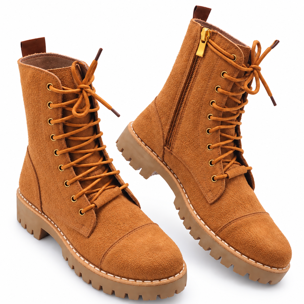 Camel Suede Lace-Up And Zipper Combat Boots
