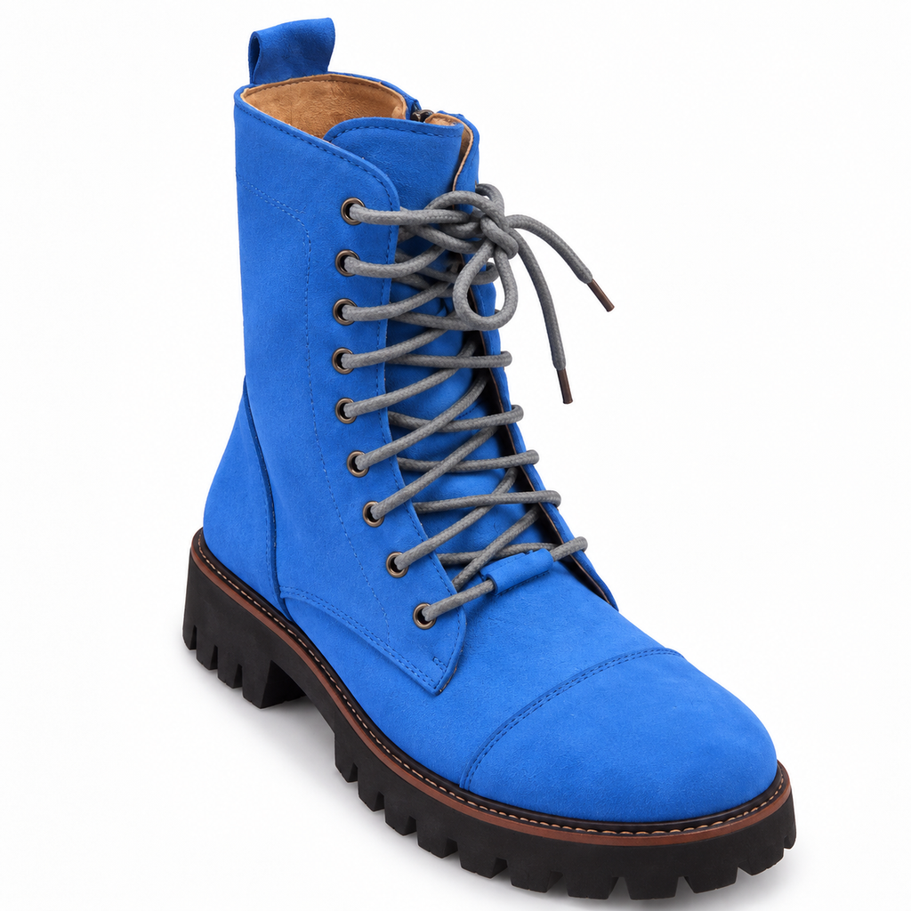 Royal Blue Suede Zipper And Lace-Up Combat Boots