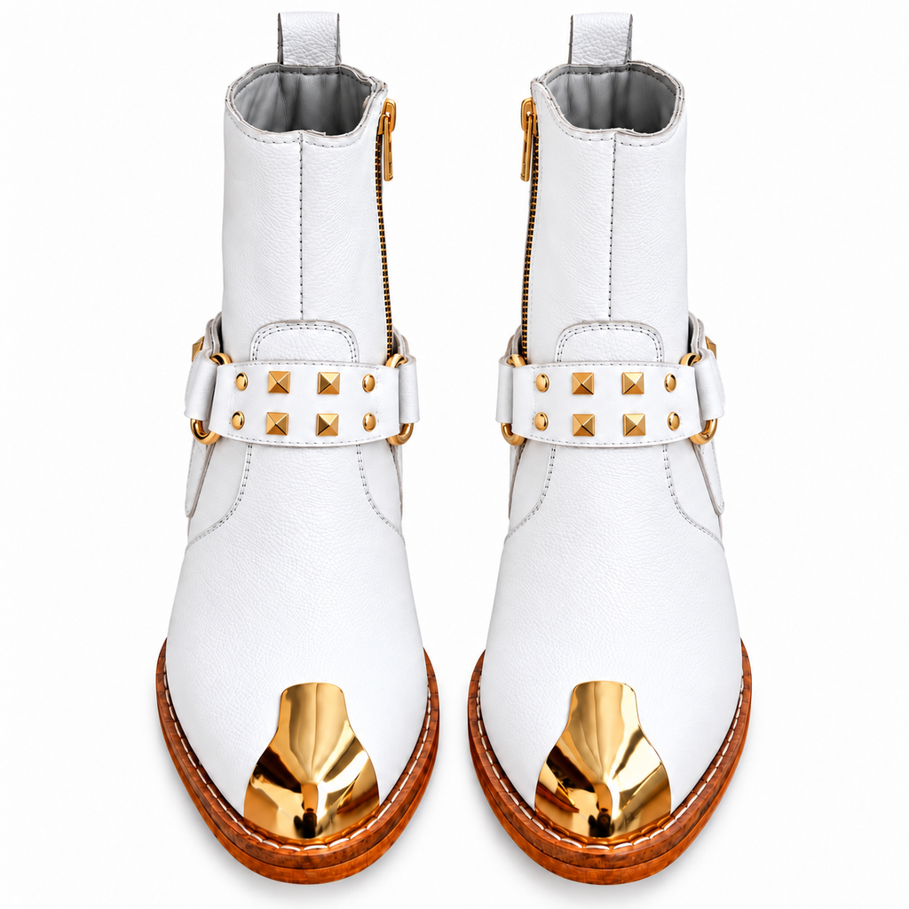 Royal White Ankle Leather Zipper Boot With Gold Harness