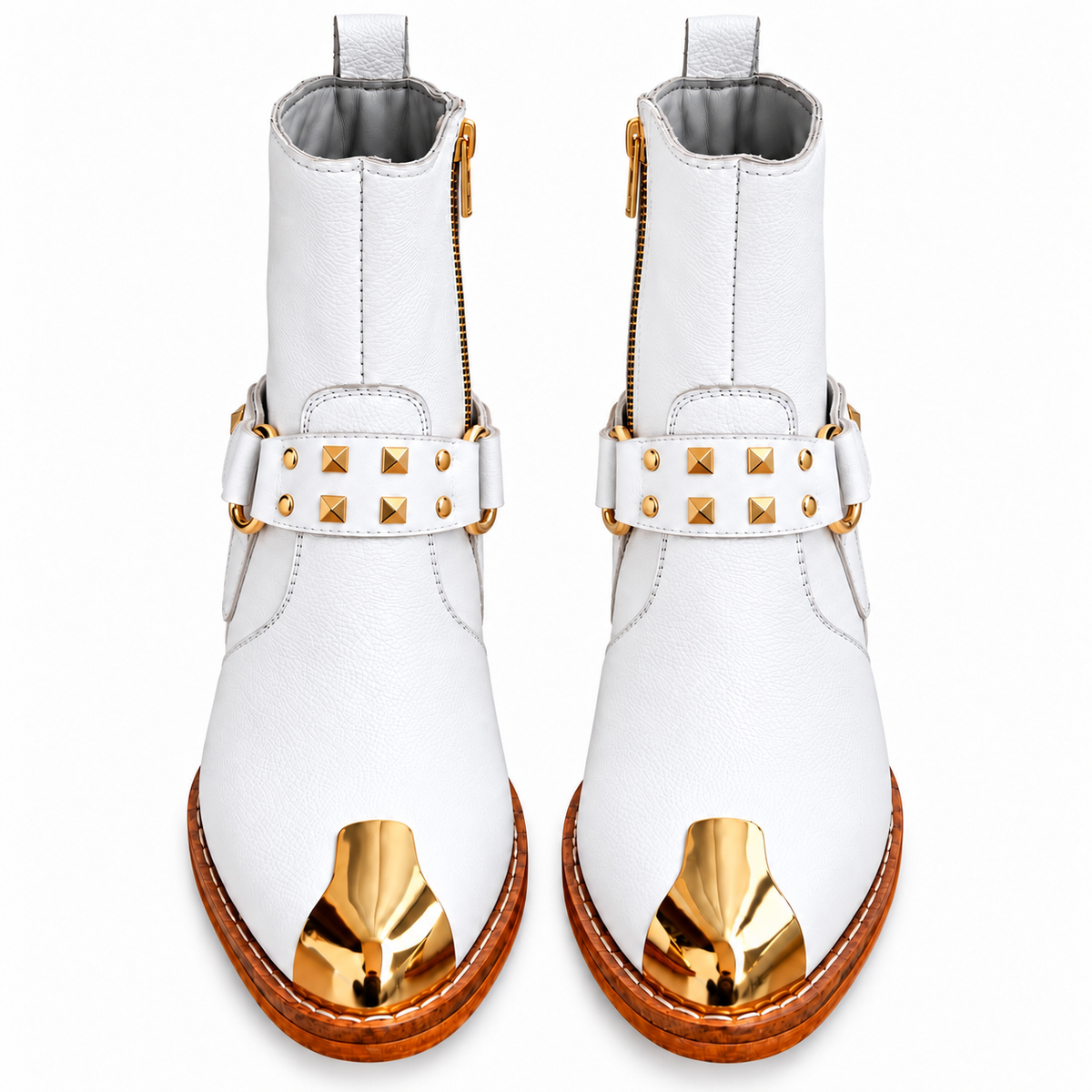 Royal White Ankle Leather Zipper Boot With Gold Harness