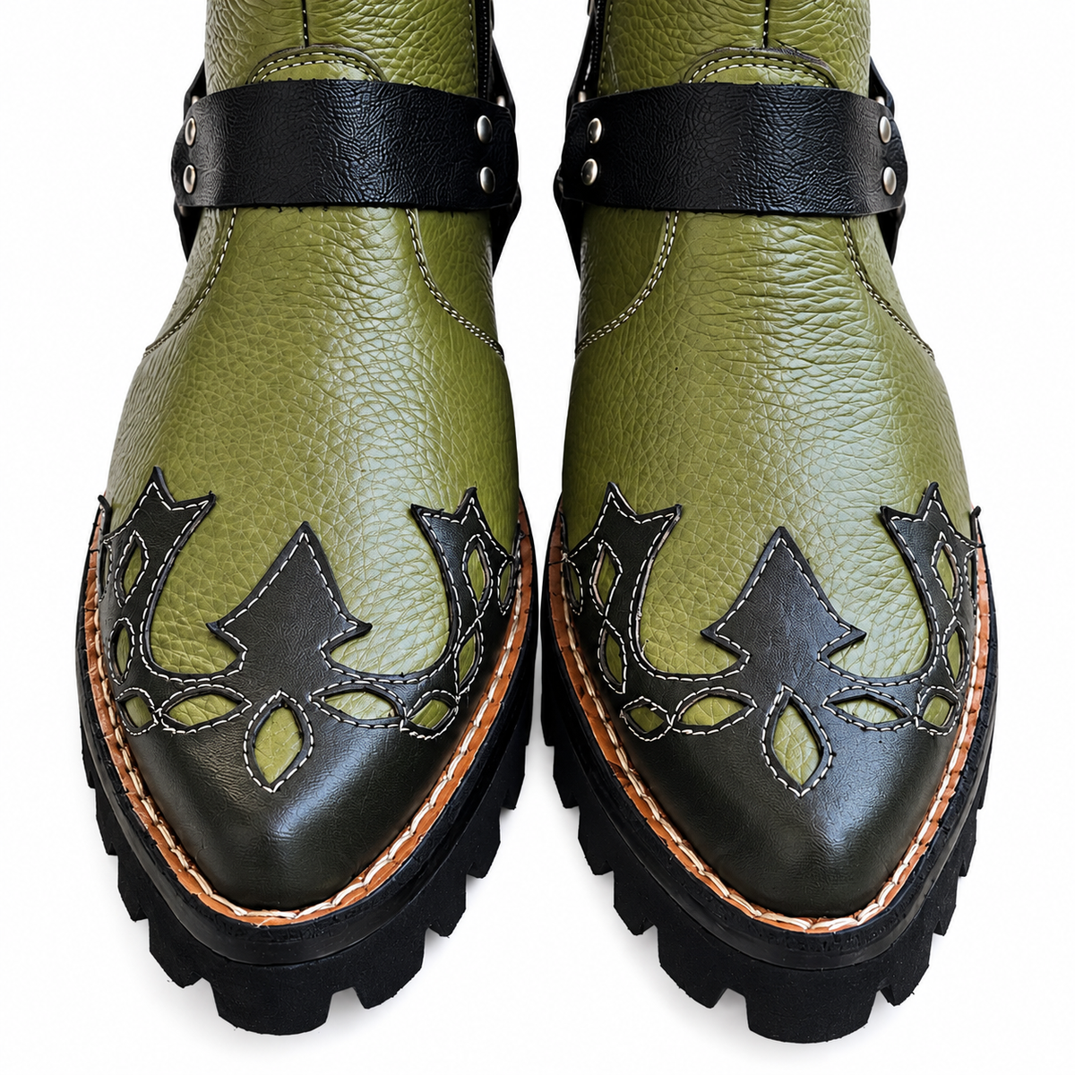 Bold Signature Style Olive Green & Black Harness Ankle Leather Zipper Boot