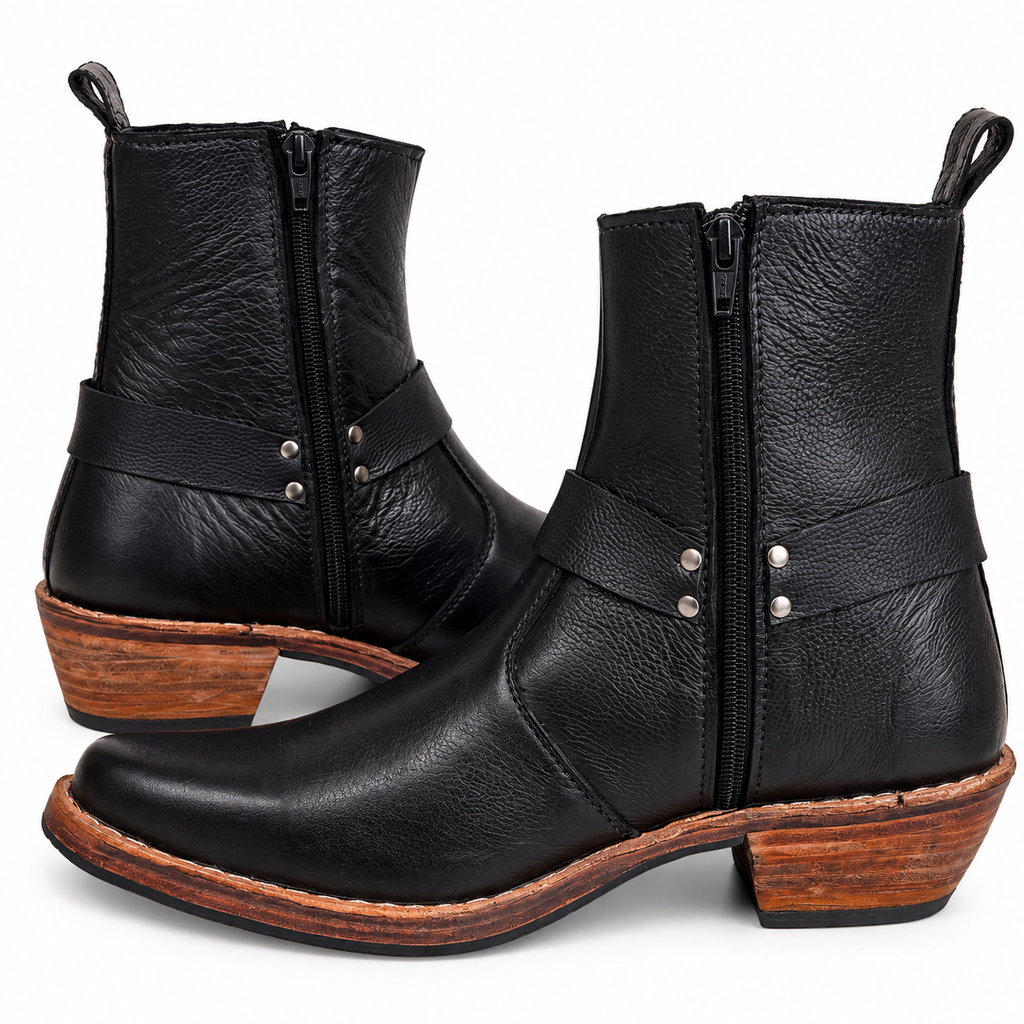Handmade Black Leather Harness Ankle Boots With Leather Sole