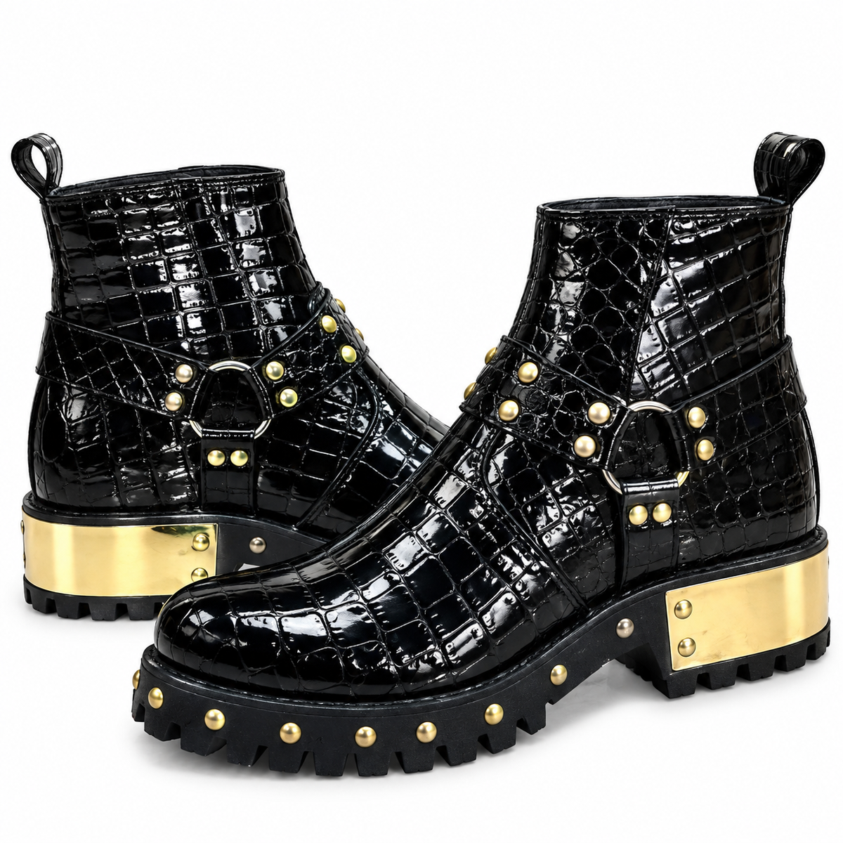 Black  Luxury  Glossy Croc-Texture Studded Zipper Boot