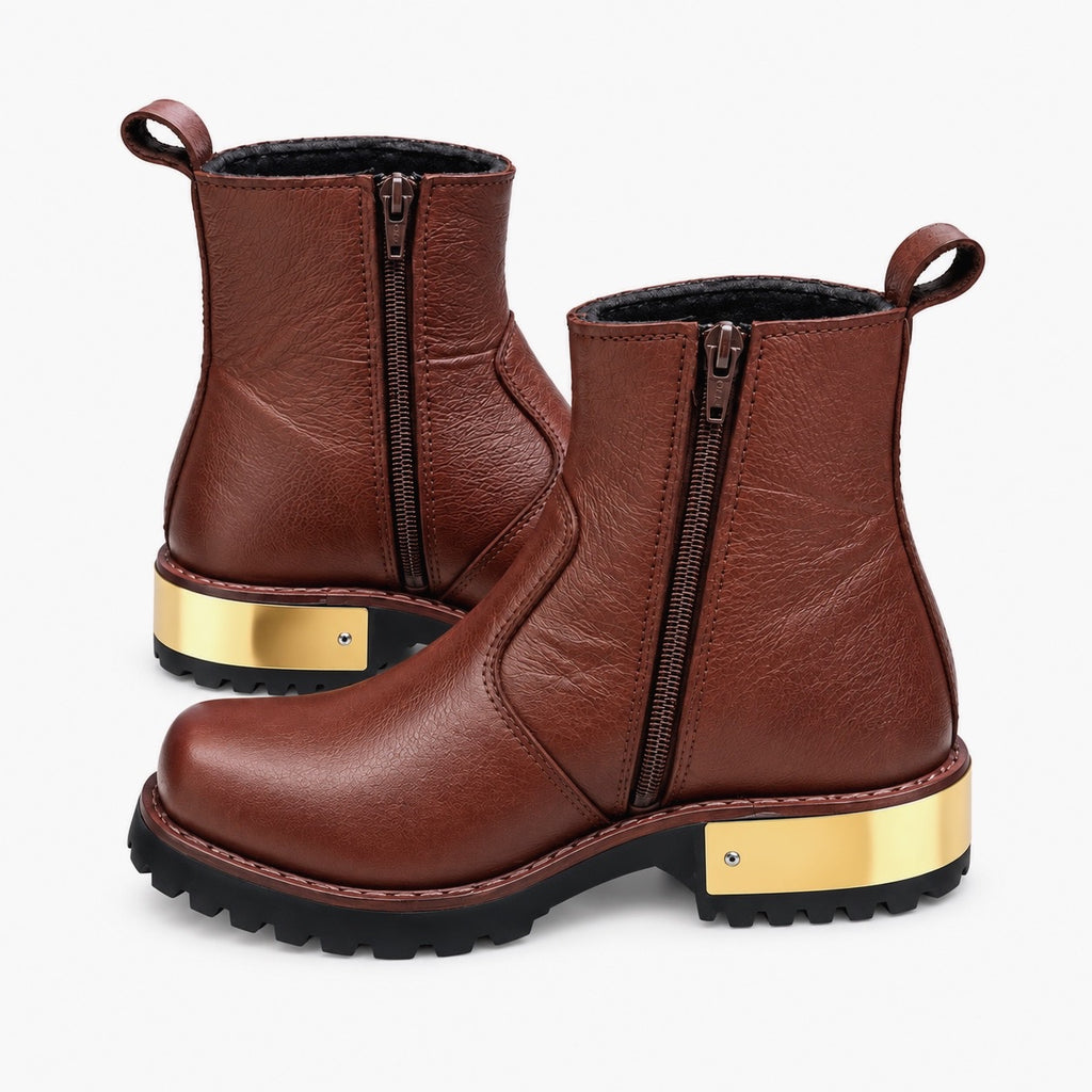 Rich Brown Leather Golden-Heel Ankle Zipper Boot