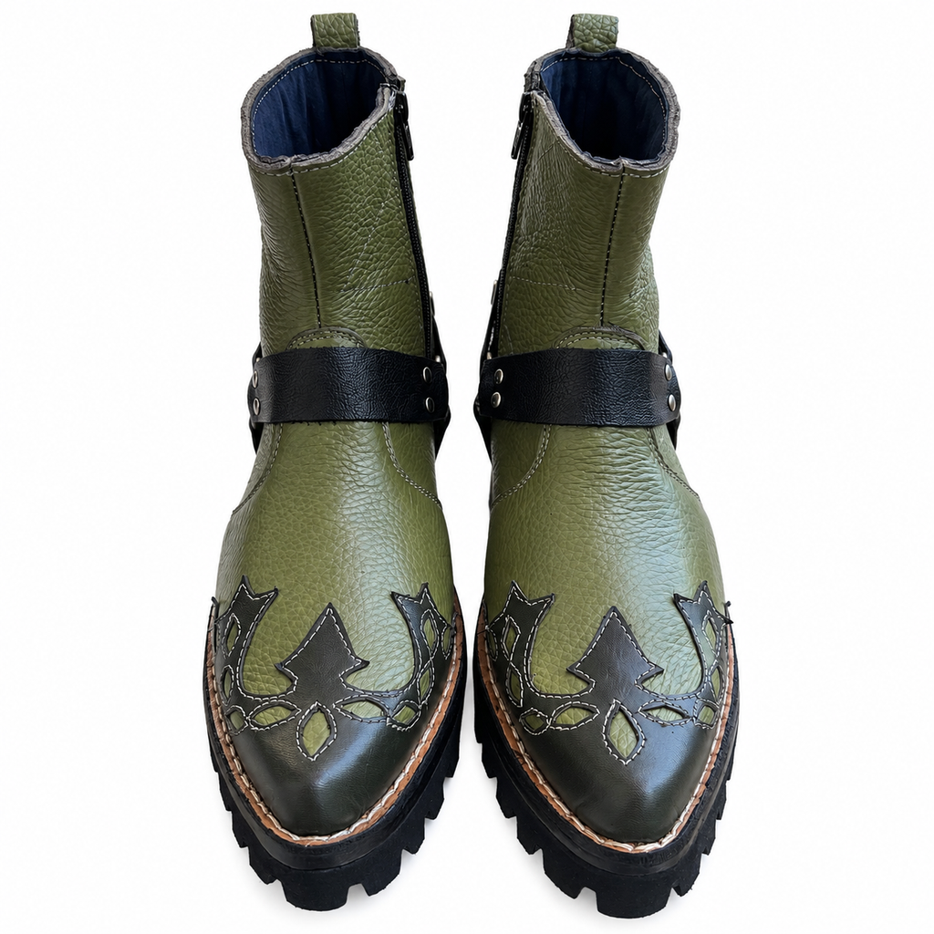 Bold Signature Style Olive Green & Black Harness Ankle Leather Zipper Boot