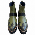 Bold Signature Style Olive Green & Black Harness Ankle Leather Zipper Boot