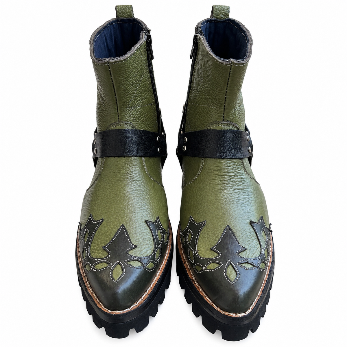 Bold Signature Style Olive Green & Black Harness Ankle Leather Zipper Boot