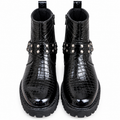 Black Glossy Croc-Texture Silver Heel Combat Zipper Boot