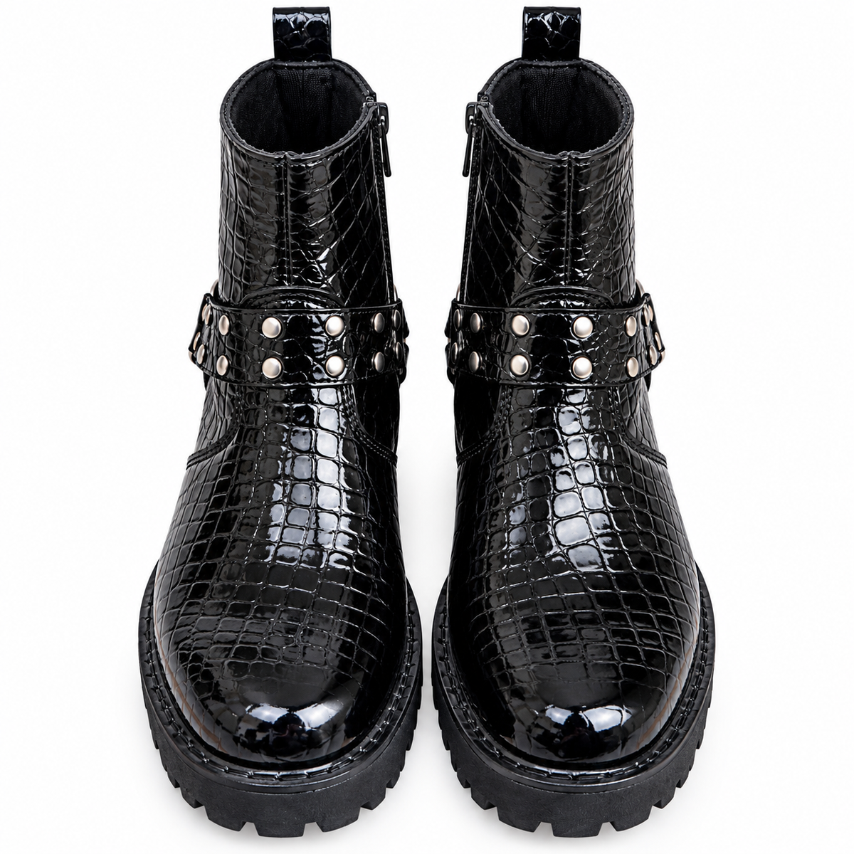 Black Glossy Croc-Texture Silver Heel Combat Zipper Boot
