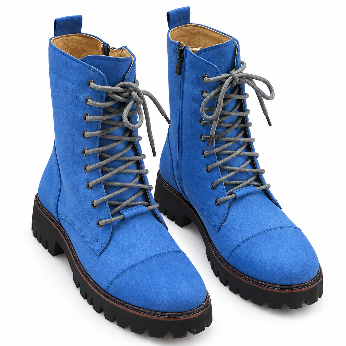 Royal Blue Suede Zipper And Lace-Up Combat Boots