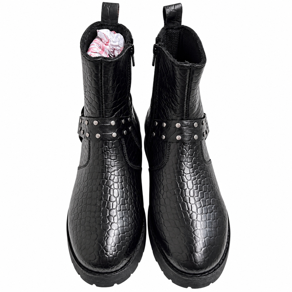 Black Croc-Texture Studded Ankle Zipper Boot