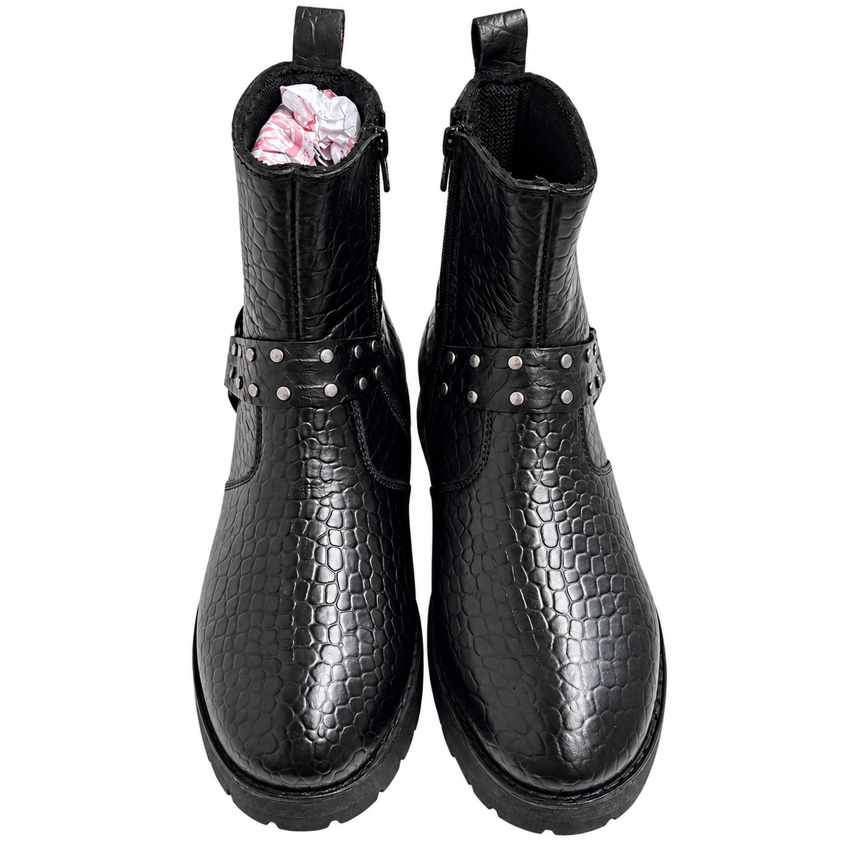 Black Croc-Texture Studded Ankle Zipper Boot