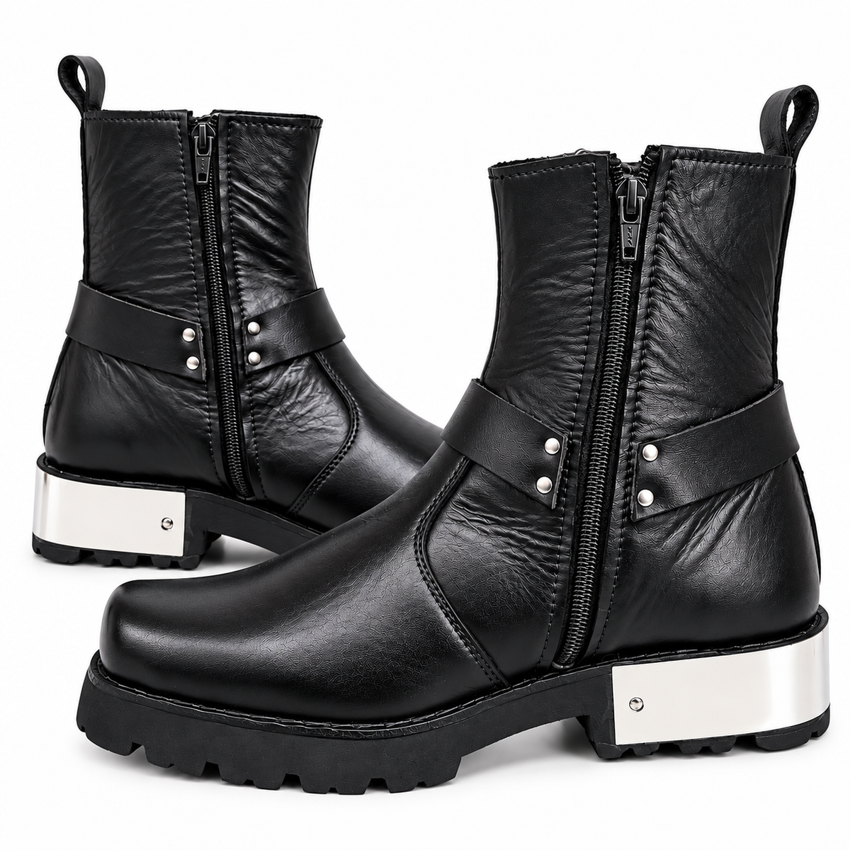 Black Urban Harness  Leather Zipper Boots