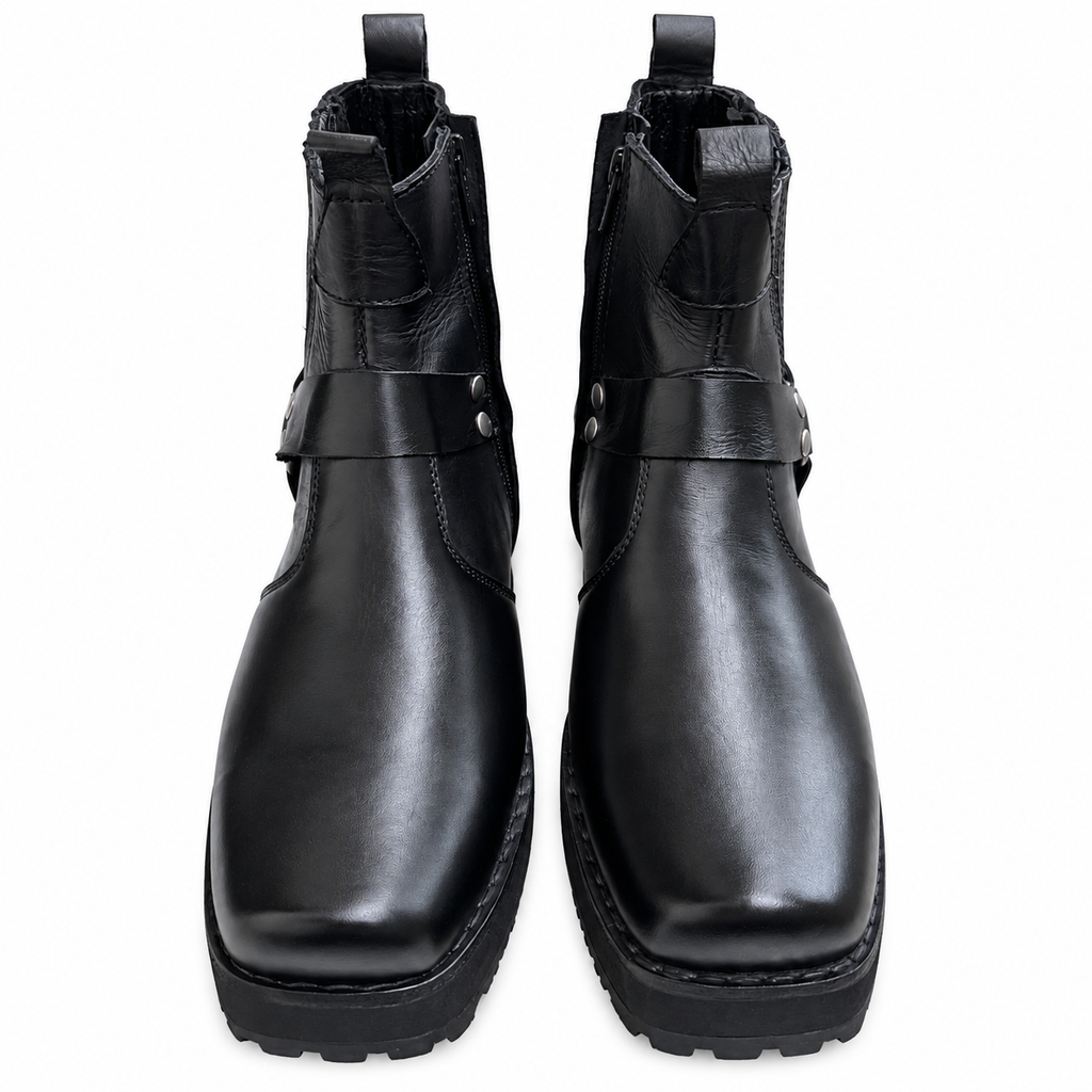 Stylish Black Urban Harness Leather Zipper & Chelsea Boot