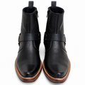 Handmade Black Leather Harness Ankle Boots With Leather Sole