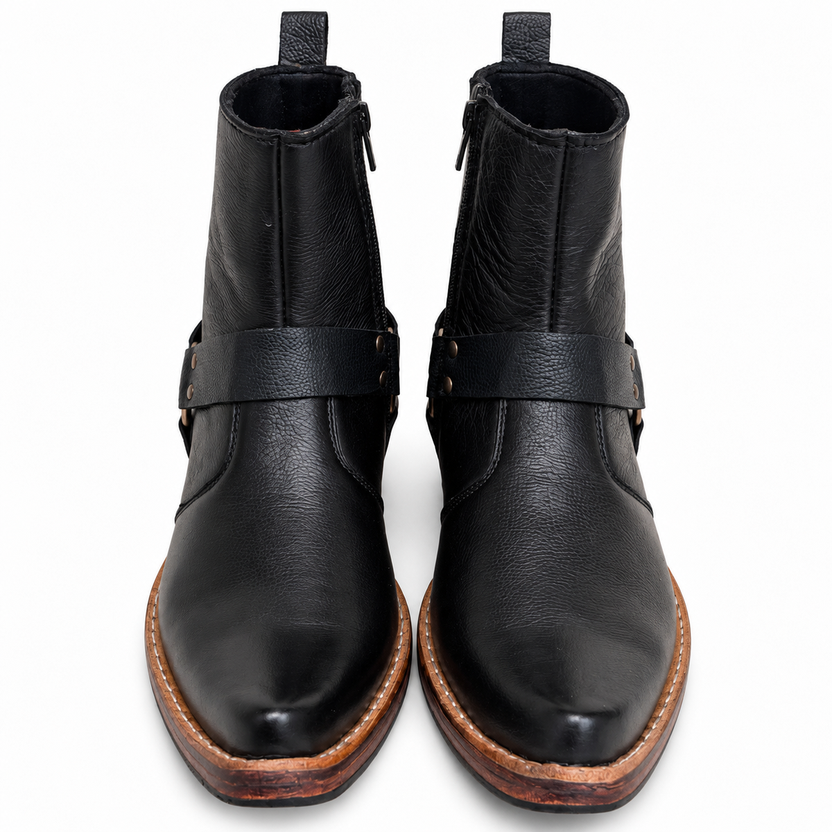 Handmade Black Leather Harness Ankle Boots With Leather Sole
