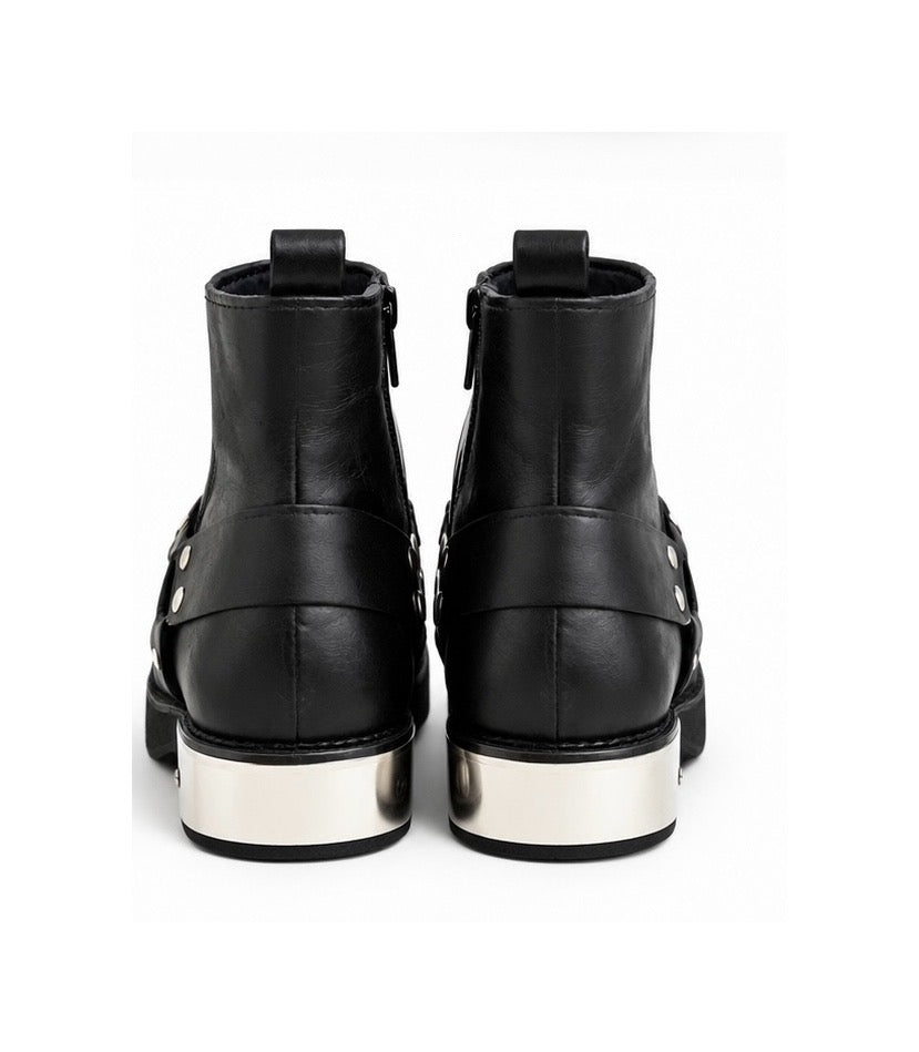 Premium Black Leather Boot | Handmade Style Round Shape Stylish Harness & TPR Sole