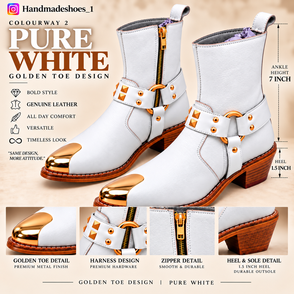 Royal White Ankle Leather Zipper Boot With Gold Harness