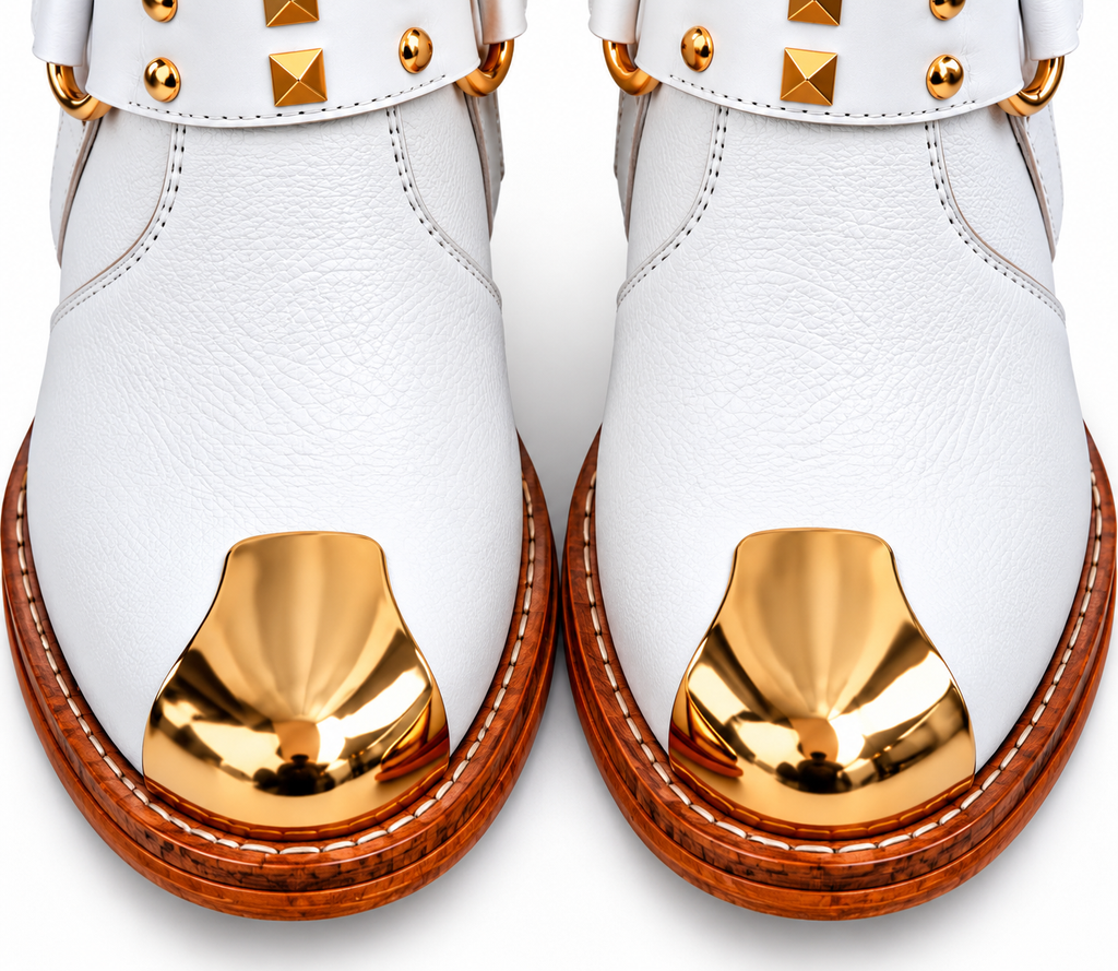Royal White Ankle Leather Zipper Boot With Gold Harness