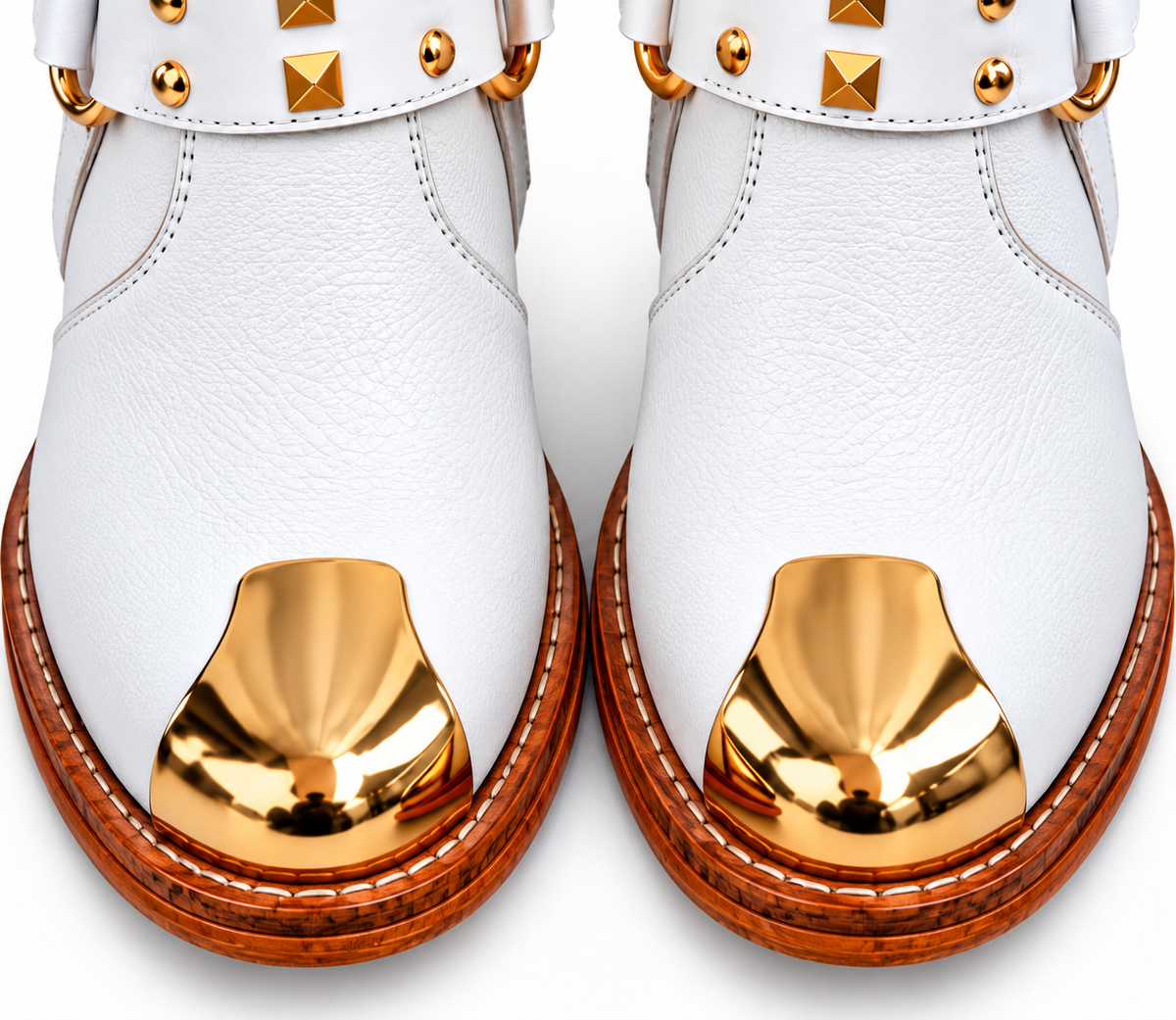 Royal White Ankle Leather Zipper Boot With Gold Harness