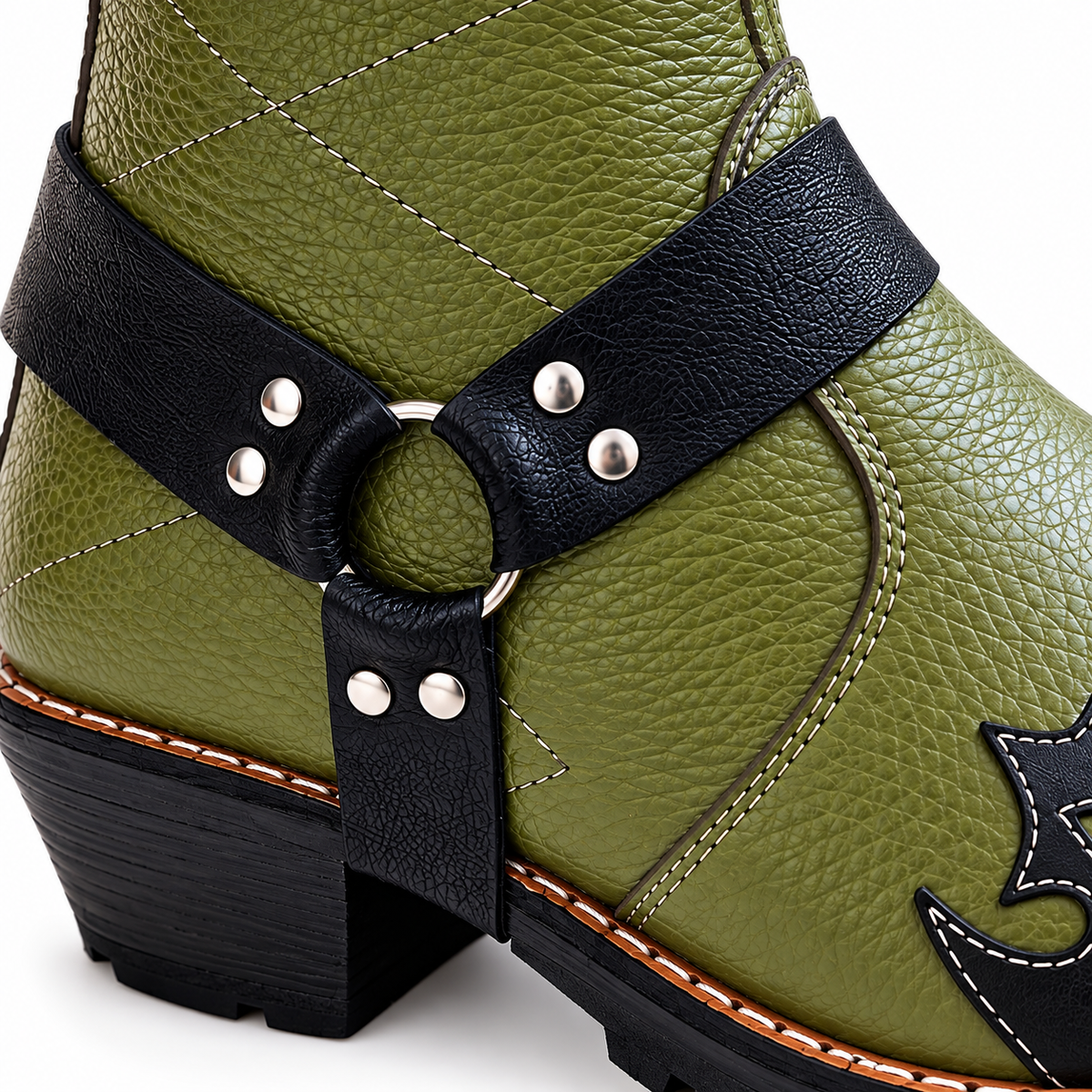 Bold Signature Style Olive Green & Black Harness Ankle Leather Zipper Boot