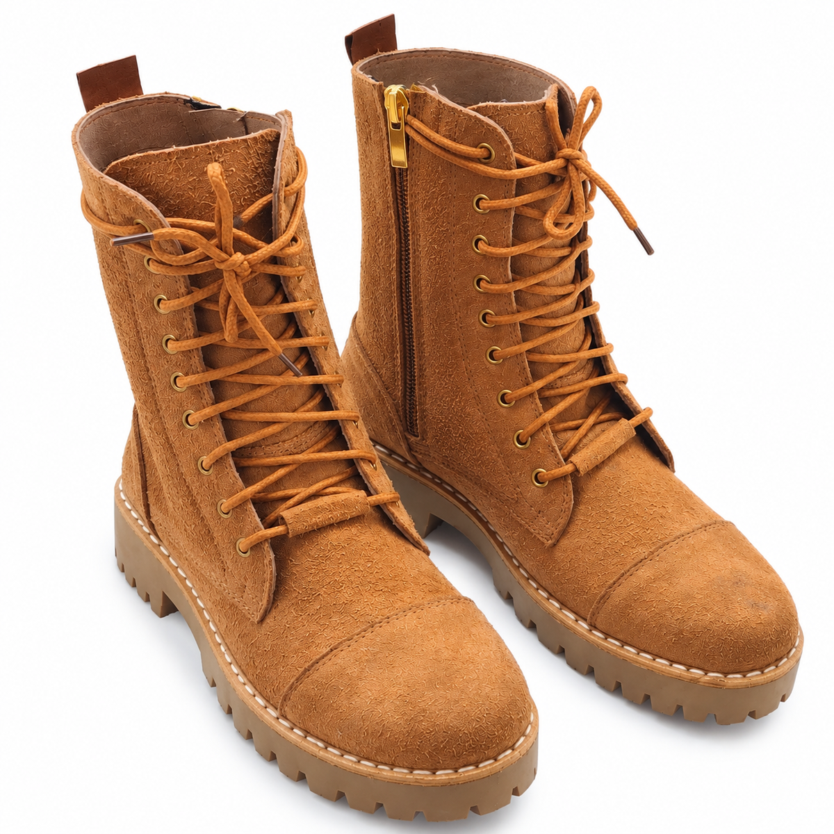 Camel Suede Lace-Up And Zipper Combat Boots