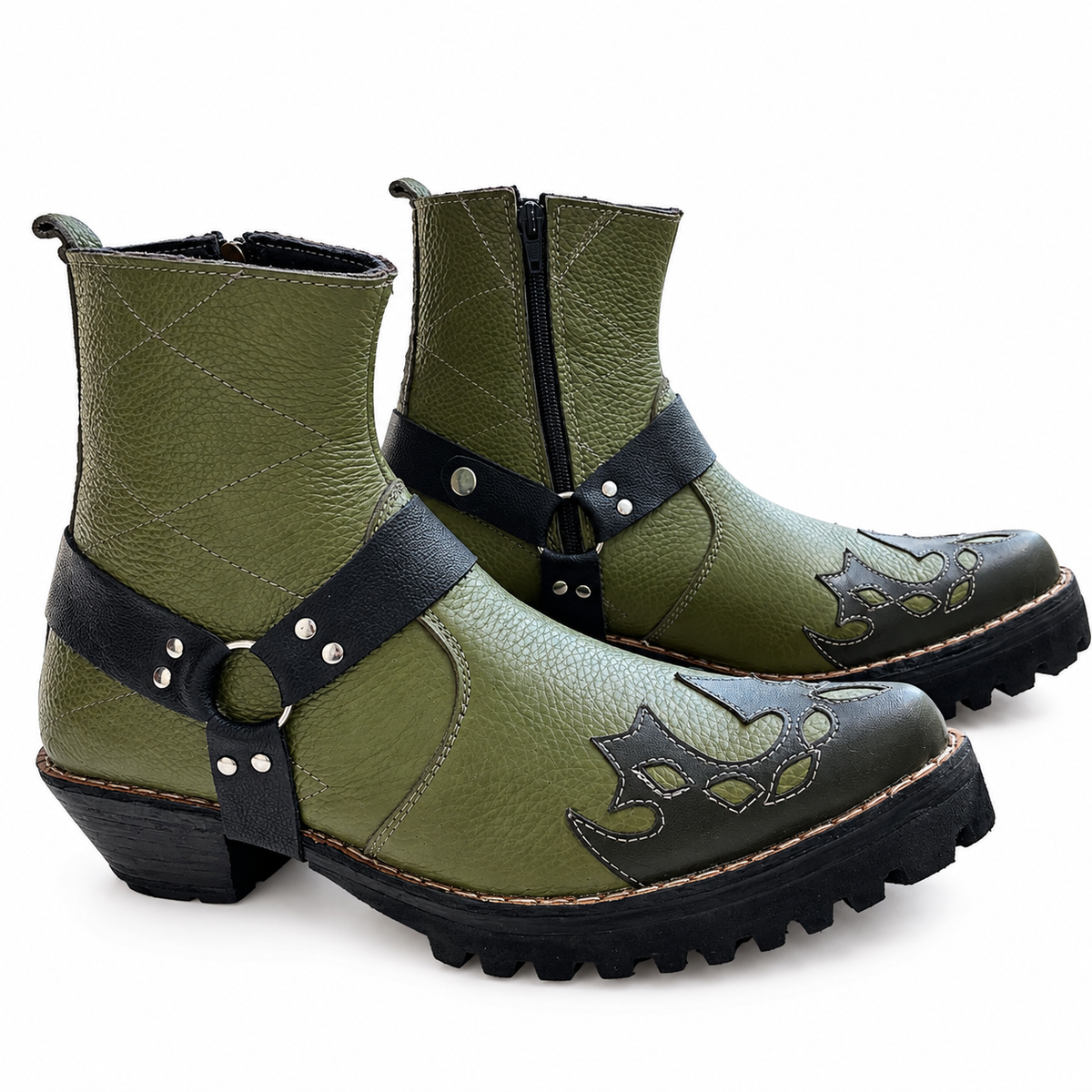 Bold Signature Style Olive Green & Black Harness Ankle Leather Zipper Boot