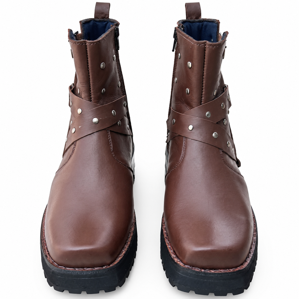 •Handmade Brown Leather Boot with Buckle & Strap Ankle Boot•