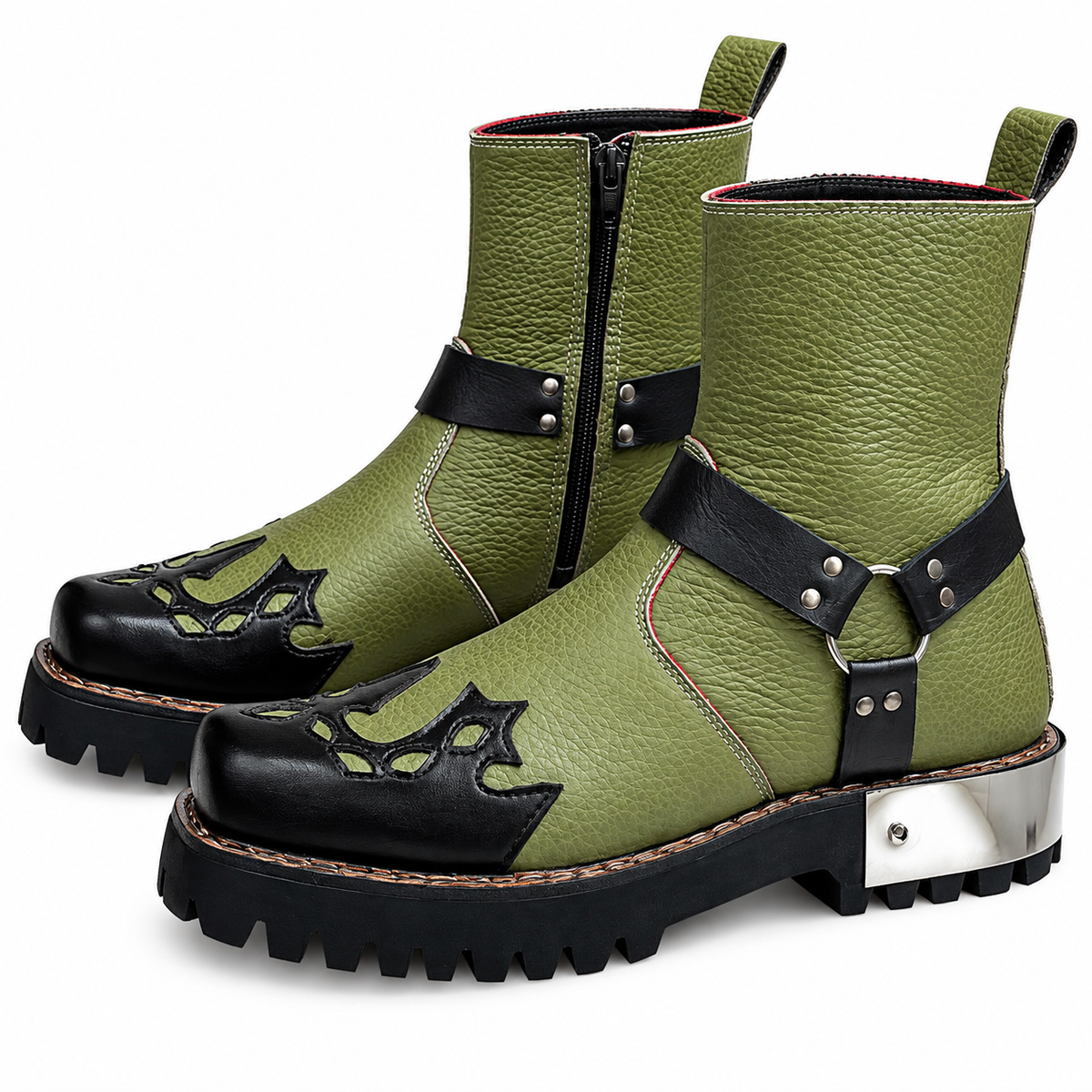 Olive Green & Black Studded Ankle Leather Zipper Boot