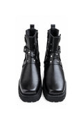 •Handmade Black Leather Boot with Buckle & Strap Ankle Boot•