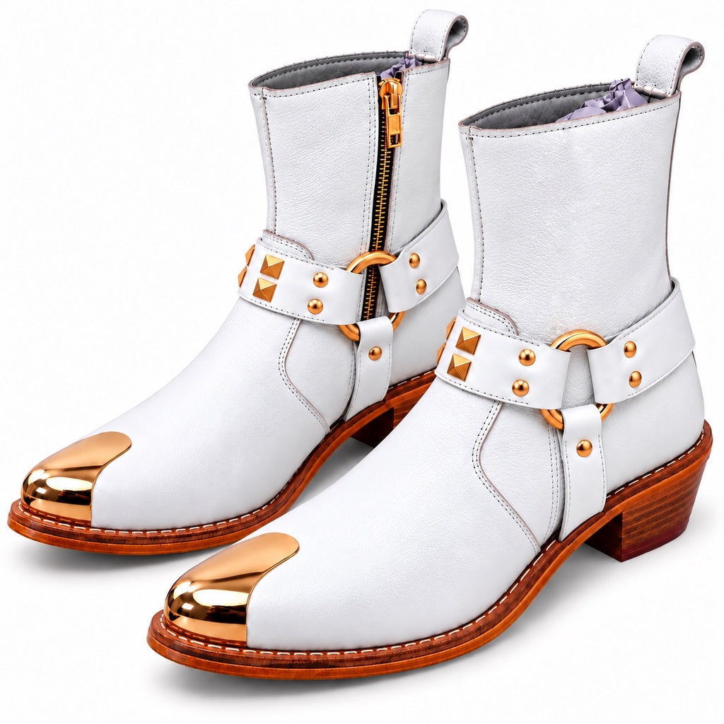 Royal White Ankle Leather Zipper Boot With Gold Harness