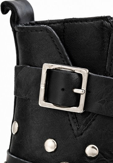•Handmade Black Leather Boot with Buckle & Strap Ankle Boot•