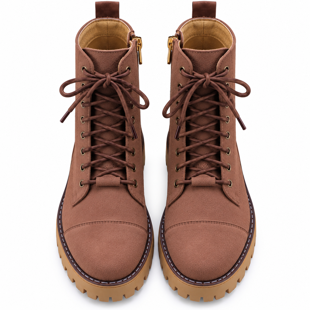 Mocha Brown Lace-Up And Zipper Combat Boots