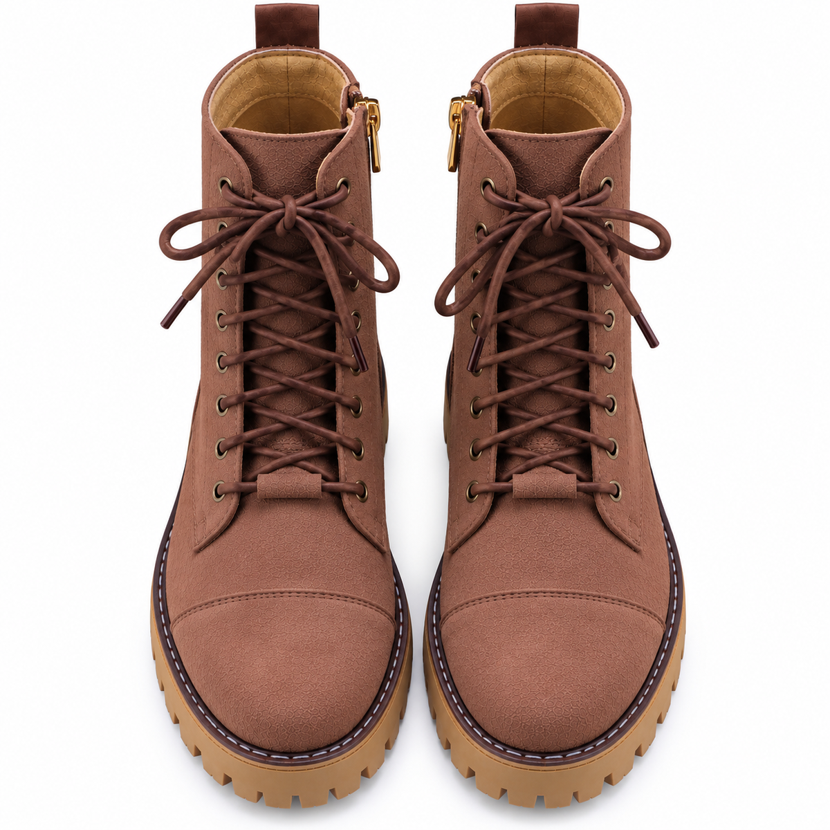 Mocha Brown Lace-Up And Zipper Combat Boots
