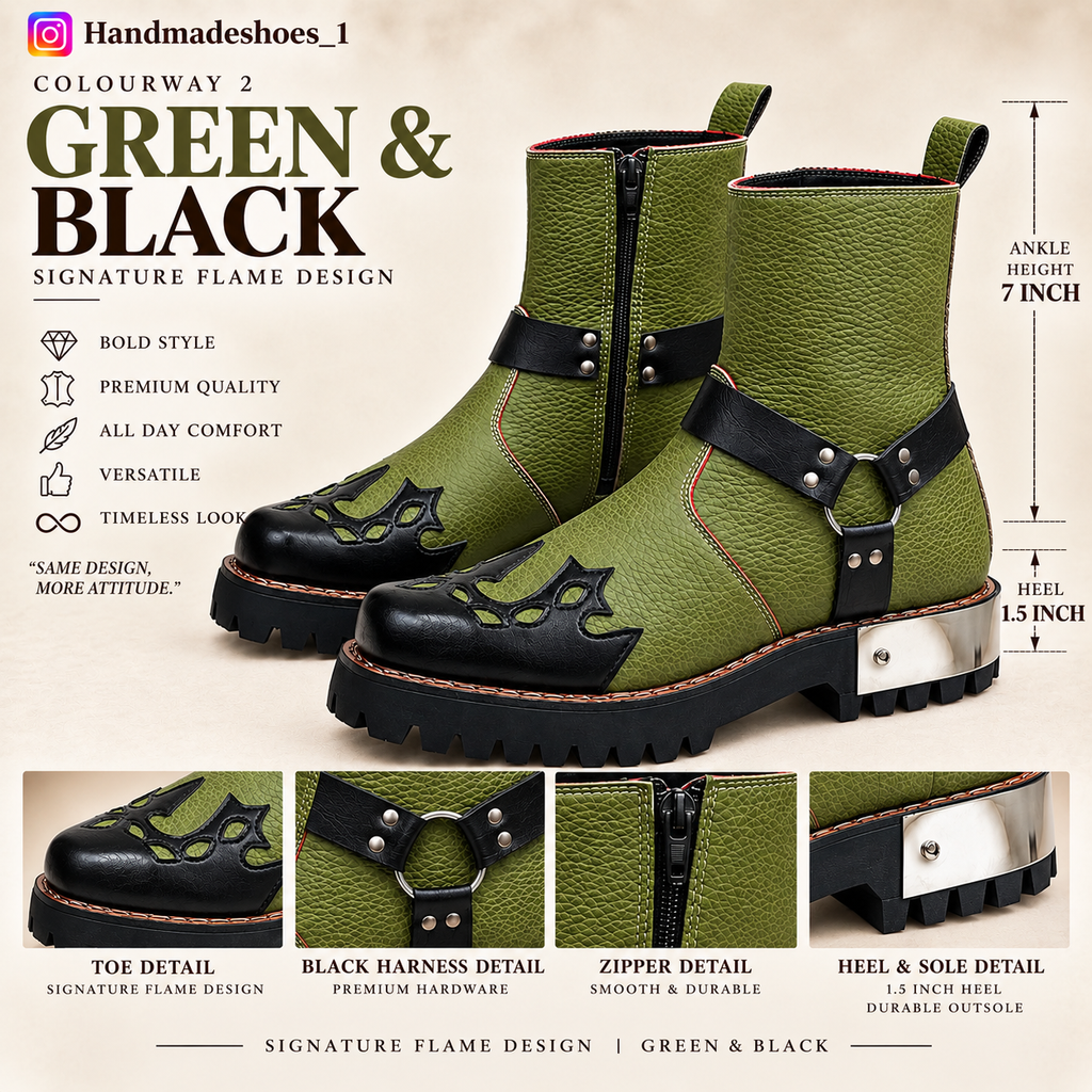 Olive Green & Black Studded Ankle Leather Zipper Boot