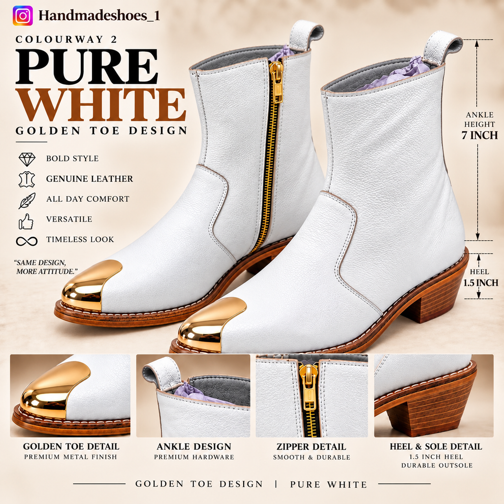 Premium White Gold-Toe Ankle Leather Zipper Boot