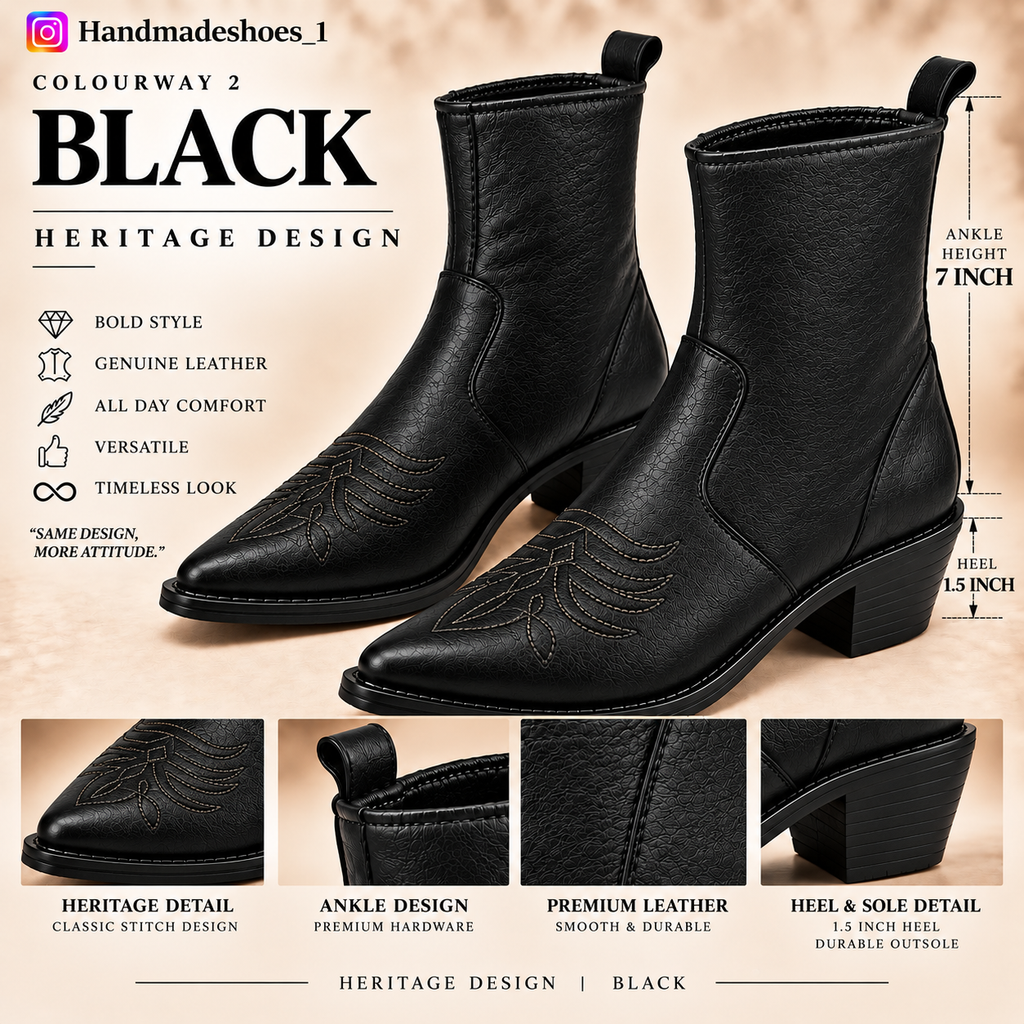 Black Heritage Stitch Ankle Leather Zipper Boot