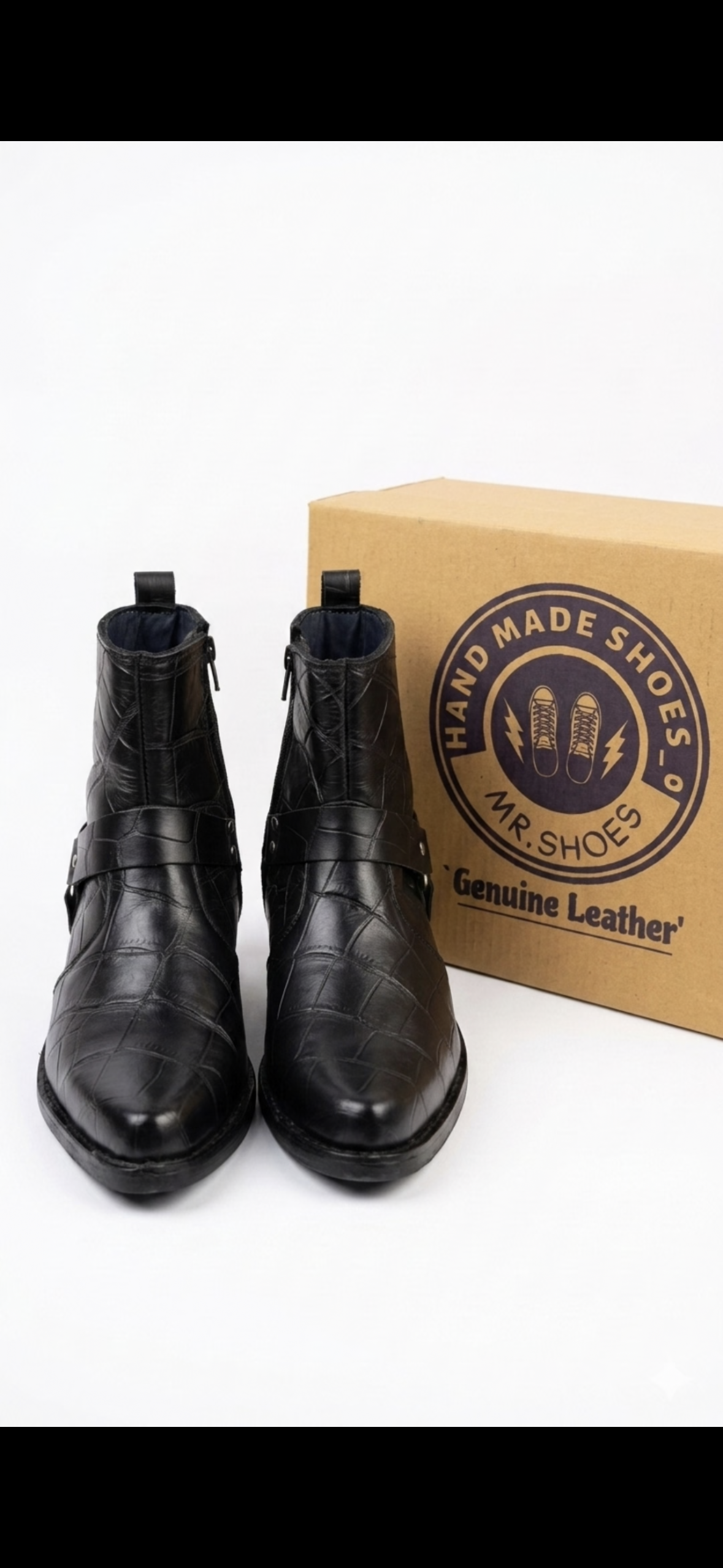 Premium Pointed Crocodile Zeeper Black Boot With Leather Sole and Pointed Heel