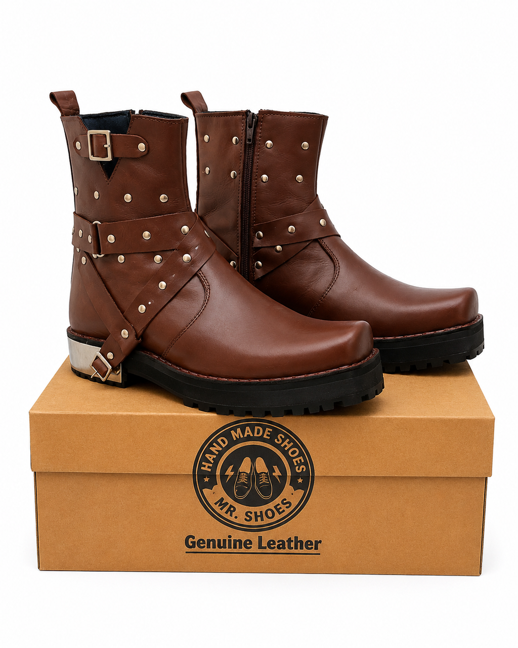 Handmade Premium Handmade Brown Leather Boots featuring Stylish Studded Straps, Side Zips and a Durable Rugged Sole