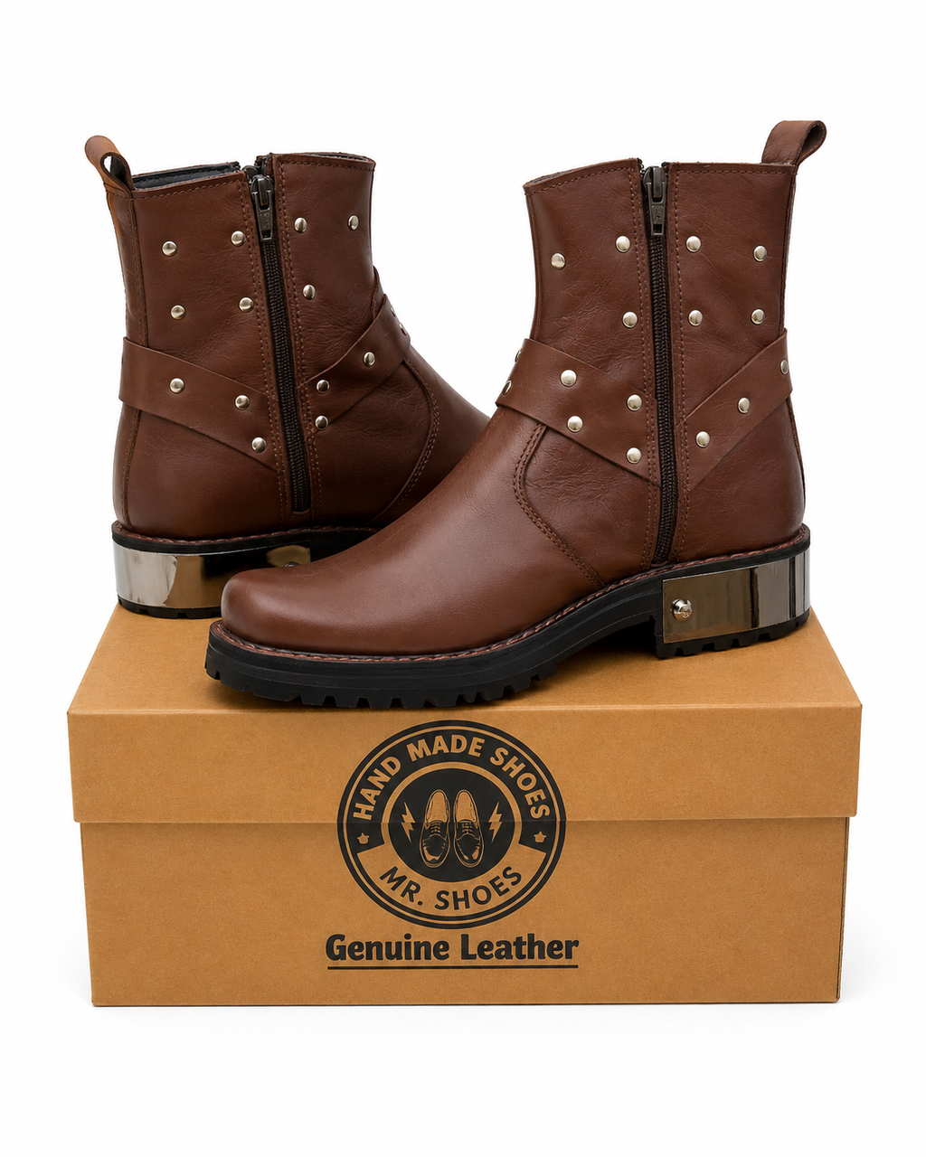 Handmade Premium Handmade Brown Leather Boots featuring Stylish Studded Straps, Side Zips and a Durable Rugged Sole