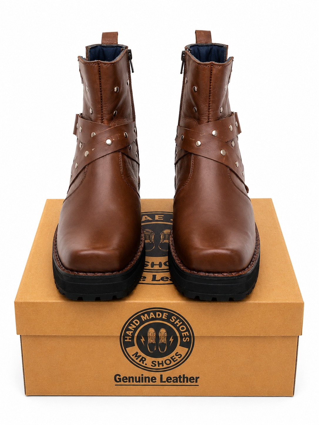 Handmade Premium Handmade Brown Leather Boots featuring Stylish Studded Straps, Side Zips and a Durable Rugged Sole